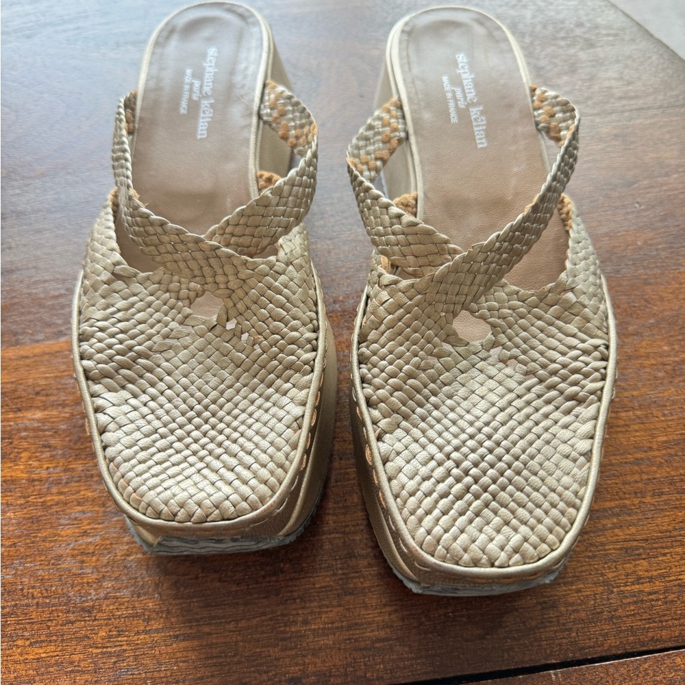 Stephane Kelian gold woven leather platform mules